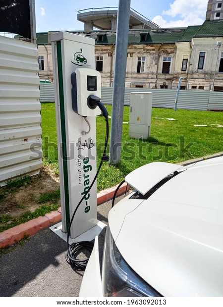 Electric car charging point, electrical car\
charging station in Bucharest, Romania,\
2021