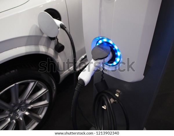 Electric car is charging at charging station at\
Bangkok International Motor Show 2018 Thailand from 28 Mar 2018 to\
8 Apr 2018.