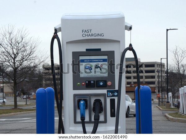 Electric car\
charging stations are at a nearby\
mall.