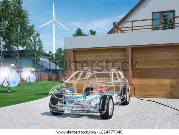electric car chassis x-ray vehicle parked in front
of garage 3d render
