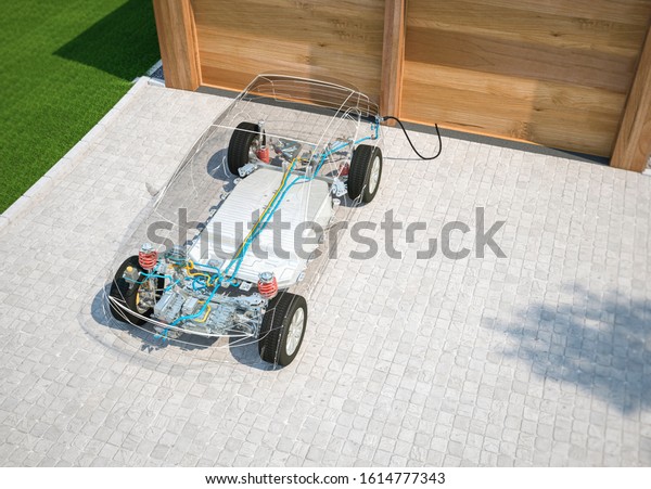 electric car chassis x-ray vehicle parked in front\
of garage 3d render