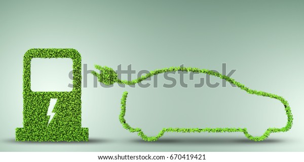 Electric car concept in green environment\
concept - 3d rendering