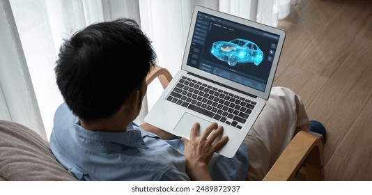 Electric car design software on computer screen showing simulation blueprint snugly by digital calculating application for manufacturing preparation - Powered by Shutterstock