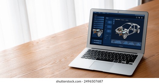 Electric car design software on computer screen showing simulation blueprint snugly by digital calculating application for manufacturing preparation - Powered by Shutterstock