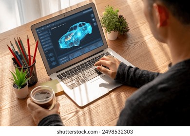 Electric car design software on computer screen showing simulation blueprint snugly by digital calculating application for manufacturing preparation - Powered by Shutterstock