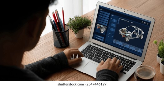 Electric car design software on computer screen showing simulation blueprint snugly by digital calculating application for manufacturing preparation - Powered by Shutterstock