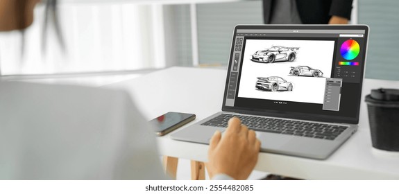 Electric car design software on computer screen showing simulation blueprint snugly by digital calculating application for manufacturing preparation - Powered by Shutterstock