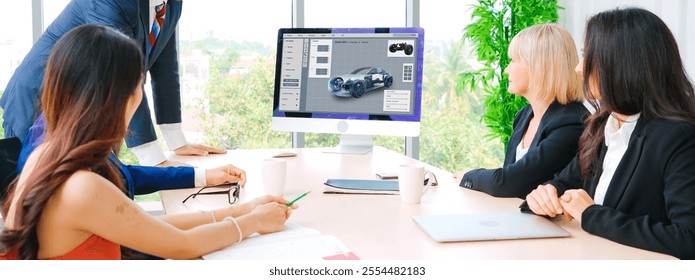 Electric car design software on computer screen showing simulation blueprint snugly by digital calculating application for manufacturing preparation - Powered by Shutterstock