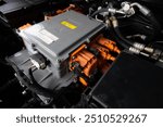 Electric car engine under hood. electric vehicle high power and environment. Battery pack in EV electronic car. Motor engine for vehicle car in future