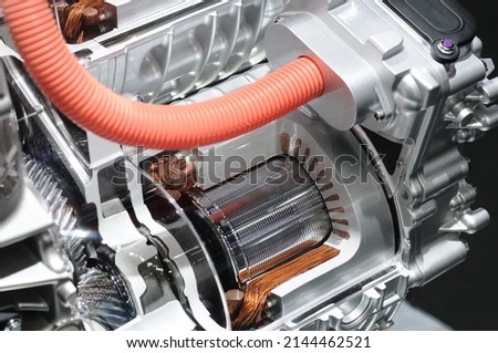 Electric car engine. Use electricity to drive. The piston cylinder works with gear teeth. Connected by hose energy of the future. New technology for the environment.