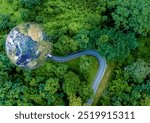 Electric car and EV electrical energy for environment, EV car on forest road with earth planet going through forest, Ecosystem ecology healthy environment, Electric car with nature, Save earth energy.