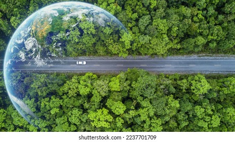 Electric car and EV electrical energy for environment, EV car on forest road with earth planet going through forest, Ecosystem ecology healthy environment, Electric car with nature, Save earth energy. - Shutterstock ID 2237701709