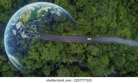 Electric car and EV electrical energy for environment, EV car on forest road with earth planet going through forest, Ecosystem ecology healthy environment, Electric car with nature, Save earth energy. - Shutterstock ID 2237777101