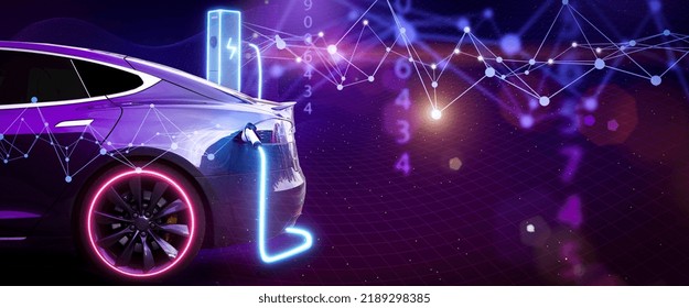 Electric Car Futuristic Banner Background. Charging The Battery Of An Electric Car On A Bright, Neon, Cyberpunk, Digital Abstract Background. Technology, Automotive, Industry Concept.