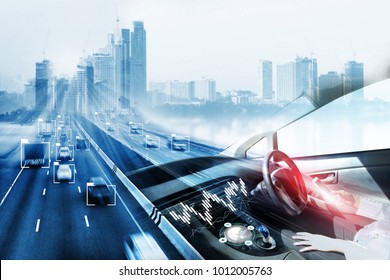 Electric Car Or Intelligent Car.Heads Up Display(HUD).futuristic Vehicle And Graphical User Interface(GUI).self-driving Mode , Autonomous Car, Vehicle Running Self Driving Mode And A Woman Driver