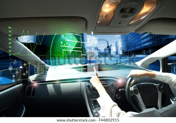 electric car or  intelligent car. Heads up\
display(HUD).futuristic vehicle and graphical user\
interface(GUI).self-driving  mode , autonomous car, vehicle running\
self driving mode and a woman driver\
