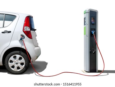 Electric Car On Charging Station  Isolated On White