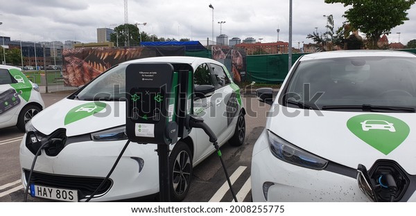 Electric Car\
sharing fleet charging station Renault ZOE on 12-07-2021 Gothenburg\
Sweden public transportation \

