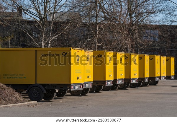 Electric cars from\
Deutsche Post lined up for electric refueling at charging stations,\
Germany, 13.02.2022,\
Forst