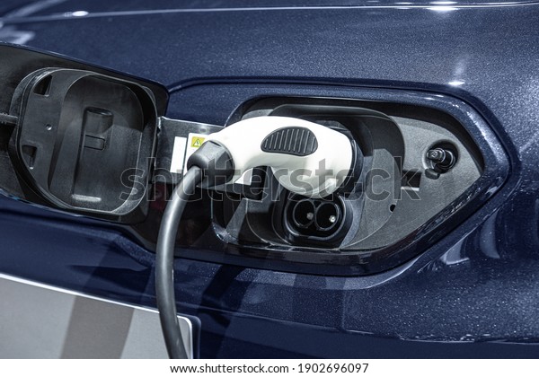 Electric charge station for electric car. Modern\
eco infrastructure. EV car\
charge