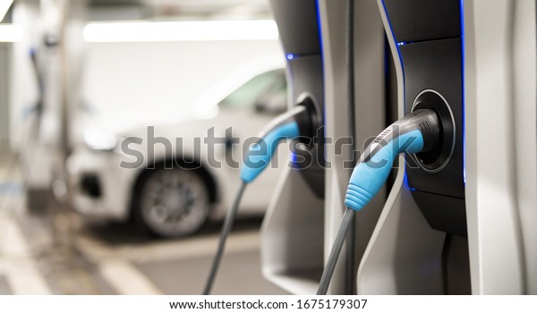 
an
electric charging station in an underground car
park