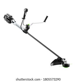 Electric Cordless Lithium-ion Grass Trimmer Isolated On White Background. Side Front View Of  Green String Trimmer. Garden Power Tool Equipment. Modern Brush Cutter. Commercial Brushcutter