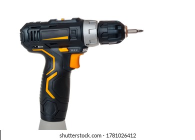 electric cordless screwdriver drill isolated on white background, professional home repair tool, hand power tool, copy space, mock up, design
