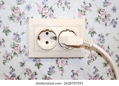 Electric double socket with electric plug on the wall of the room in the house, provence style wallpaper - horizontal photo, close-up