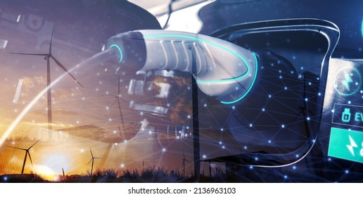 Electric Energy Power Smart Hybrid Car Eco Clean Environmental Energy Fuel, Wind Turbine Powered Energy Charging Cable Plug Station Concept. Background Double Exposure, Future Vehicle Transportation.