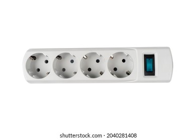 Electric Extender Isolated. The Surge Protector Isolated On White Background. Closeup Of Electrical Power Strip On Black Background. Power Surge Isolated. Household Surge Protector