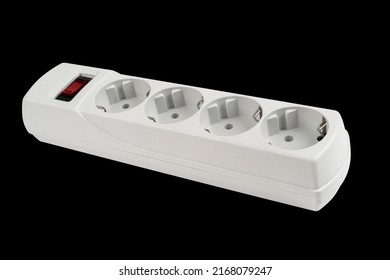 Electric Extender Isolated. The Surge Protector Isolated On Black Background. Closeup Of Electrical Power Strip On Black Background. Power Surge Isolated. Household Surge Protector