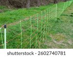 electric fence for livestock management in a green pasture during the day