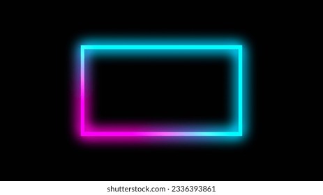Electric frame. Neon light background. Blur pink cyan blue yellow color gradient glowing rectangle on dark black geometric abstract copy space.