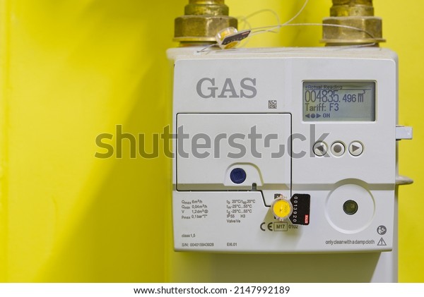 Electric gas meter\
display panel. Domestic smart meter installed. Concept for energy\
supplier and price\
rise.