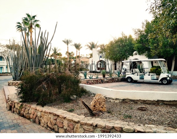 Electric golf cart on the territory of the\
Resort. Walking electric car in the hotel parking in Egypt. Modern\
ecological transport