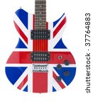 Electric guitar close-up with a graphic of the British flag