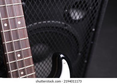 Electric Guitar Fretboard, Neck, Close Up. Music Instrument In A Rehearsal Room.