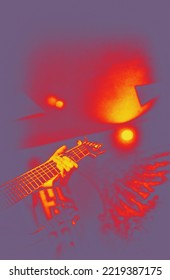 Electric guitar neck on stage, selective focus. Thermography gradients, vertical photo, retro glitch, noise