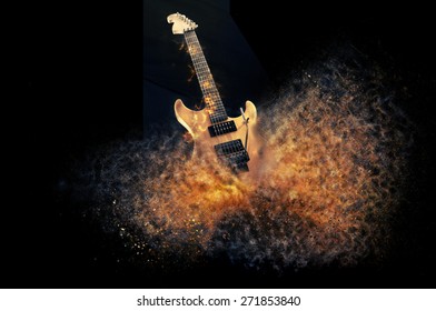 Electric Guitar on fire Isolated on Black Background