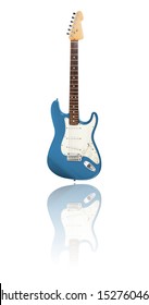 Electric Guitar on white background with reflection, light blue