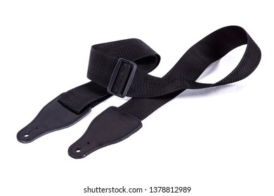 Electric Guitar Strap. Black, Fabric, Leather. Shot On White Background.