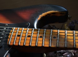 Electric Guitar Stratocaster Sunburst Closeup, Macro Abstract