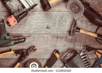 Electric Hand Tools, Screwdriver, Drill Saw Jigsaw Jointer. Overhead Top View, Flat Lay. Copy Space.