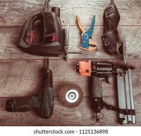 Electric Hand Tools, Screwdriver, Drill Saw Jigsaw Jointer. Overhead Top View, Flat Lay. Copy Space.