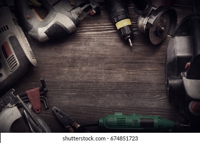 Electric hand tools (screwdriver Drill Saw jigsaw jointer) top view, photo processing: instagram