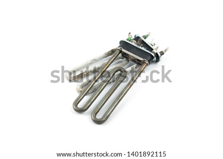 Electric heater and corrosion heating elements of water heater with scum and sediment isolated on white background