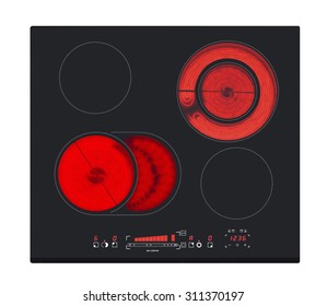 Electric hob with ceramic surface and touch control panel isolated on white.