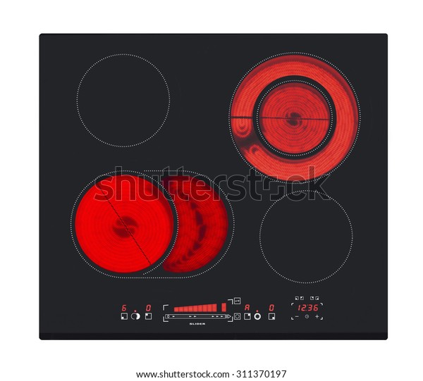 Electric hob with ceramic surface and touch\
control panel isolated on\
white.