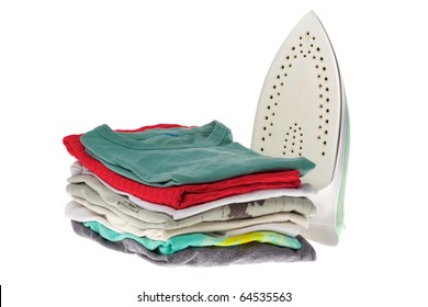 Electric Iron And Clothes After Ironing Isolated On White Background.