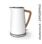 Electric kettle, isolated on white. Stylish modern white kettle with wooden handle. With clipping path